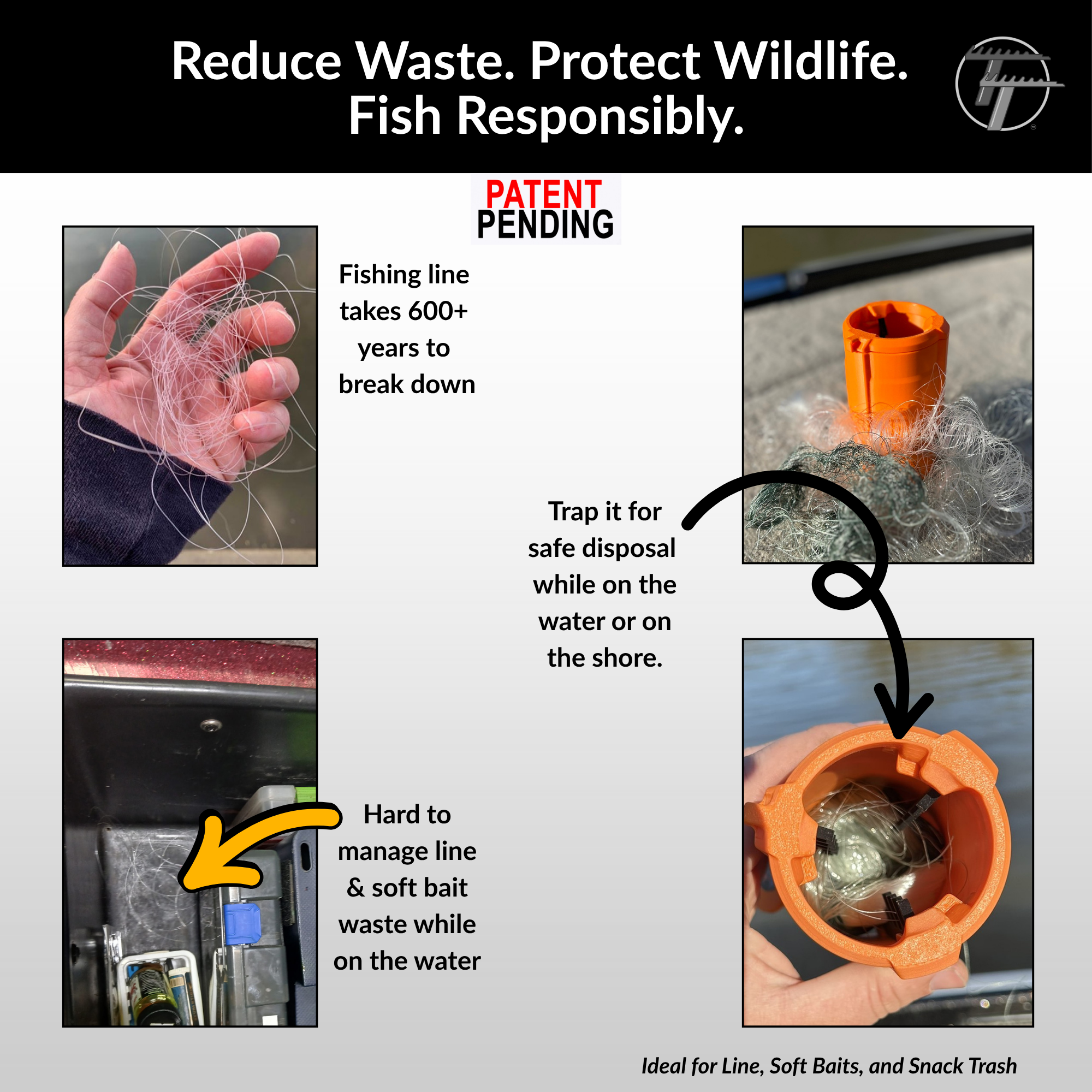 Fishing Line Trap | De-Spooler & Line Containment Tool | Patent-Pending System to Save You Time and Protect Environment | Cup Holder Size for Boats, Kayaks & Bank Fishing | <=20lb Mono line