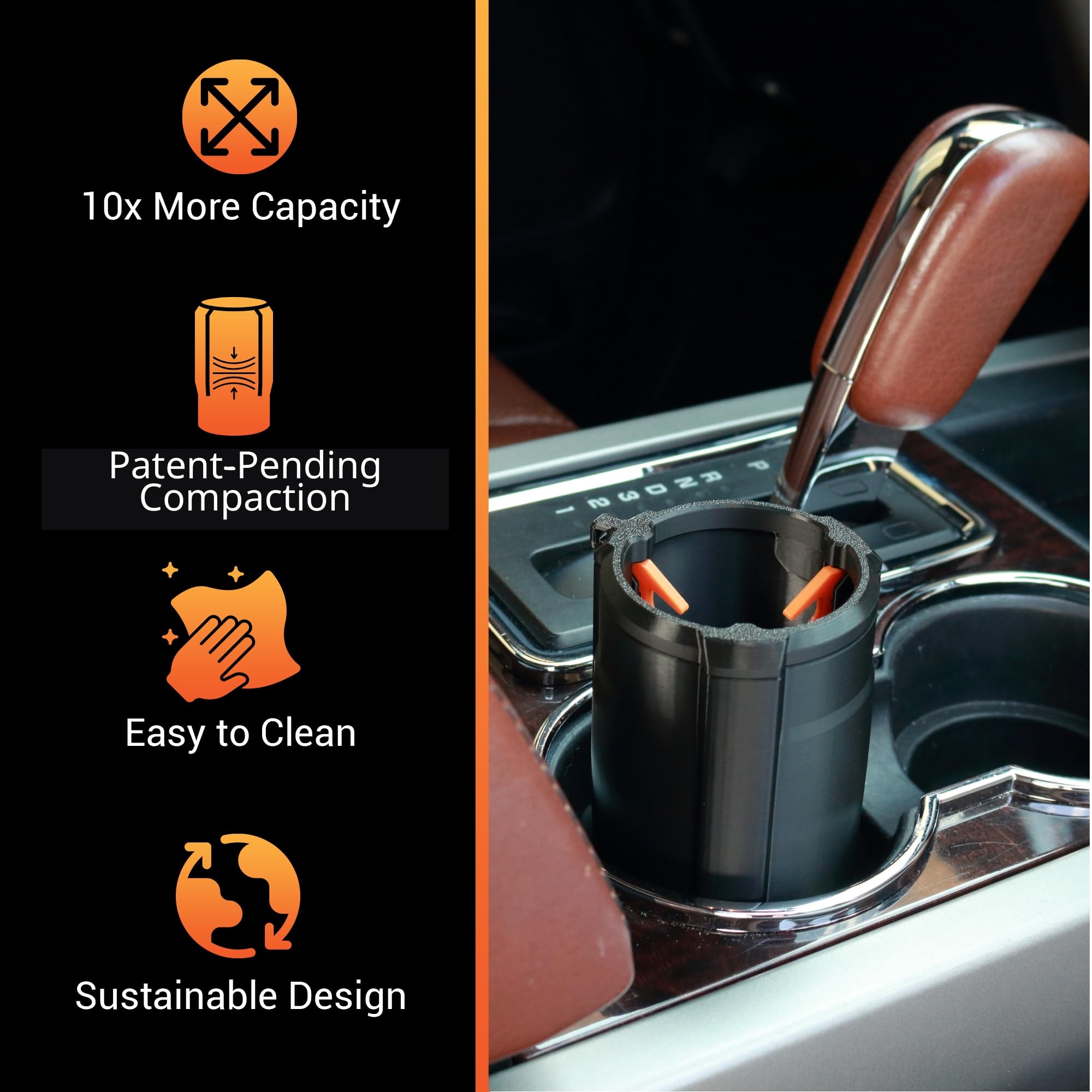 Cup Holder Trash Can for Car – Patent-Pending Trash Compaction - Up to 10x More Trash to Save You Time - Portable Trash Can for Car, Stroller, Backpacks, and Beyond, Black