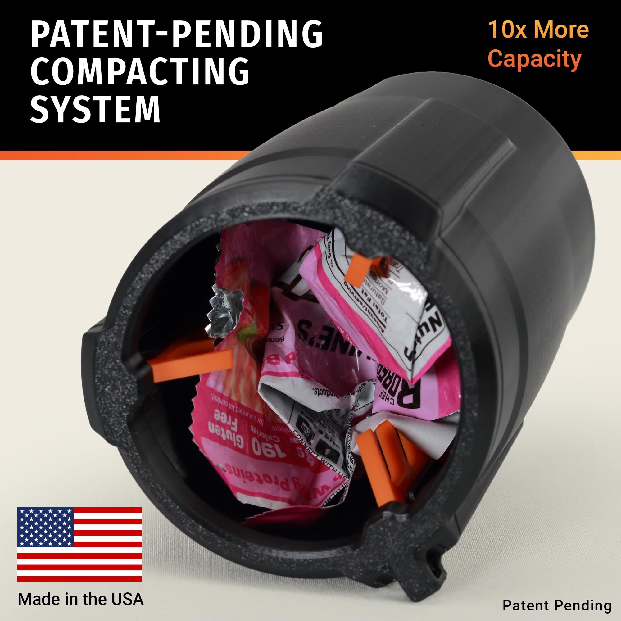 Cup Holder Trash Can for Car – Patent-Pending Trash Compaction - Up to 10x More Trash to Save You Time - Portable Trash Can for Car, Stroller, Backpacks, and Beyond, Black